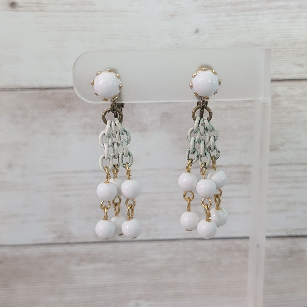 Vintage Clip On Earrings 2" White Dangle - Condition Issues
